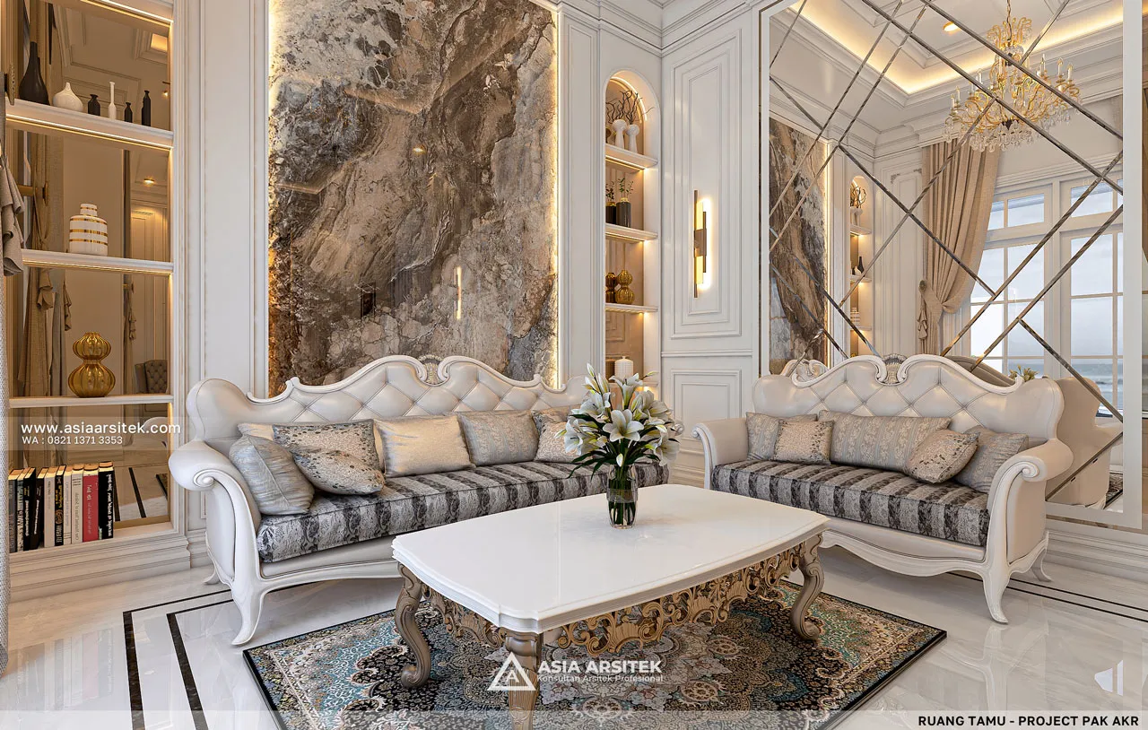 Desain Interior Ruang Tamu Foyer Klasik Mewah 2 Lantai Jambi