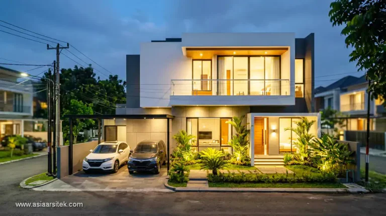 desain rumah 2 lantai modern dengan fasad elegan dan pencahayaan hangat