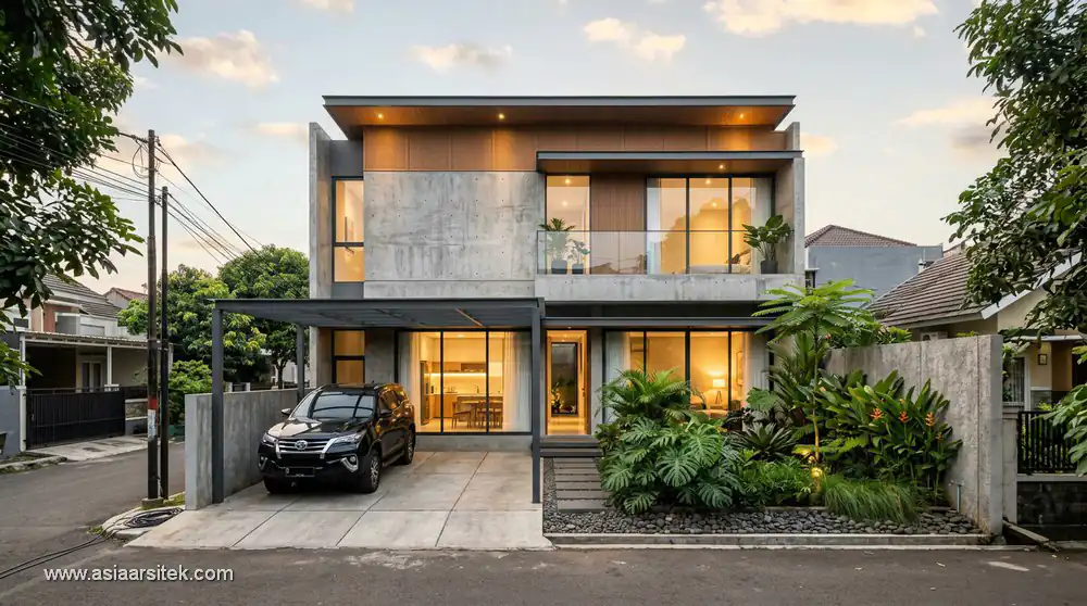 desain rumah 2 lantai minimalis modern dengan fasad elegan di kawasan perkotaan