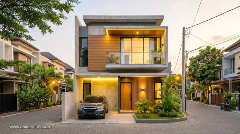 desain rumah 2 lantai type 45 modern dengan fasad elegan