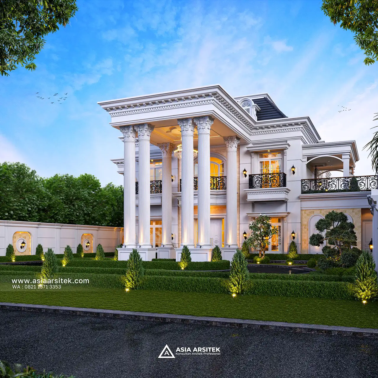 Komposisi Fasad Simetris Pilar Klasik Rumah 2 Lantai Jambi