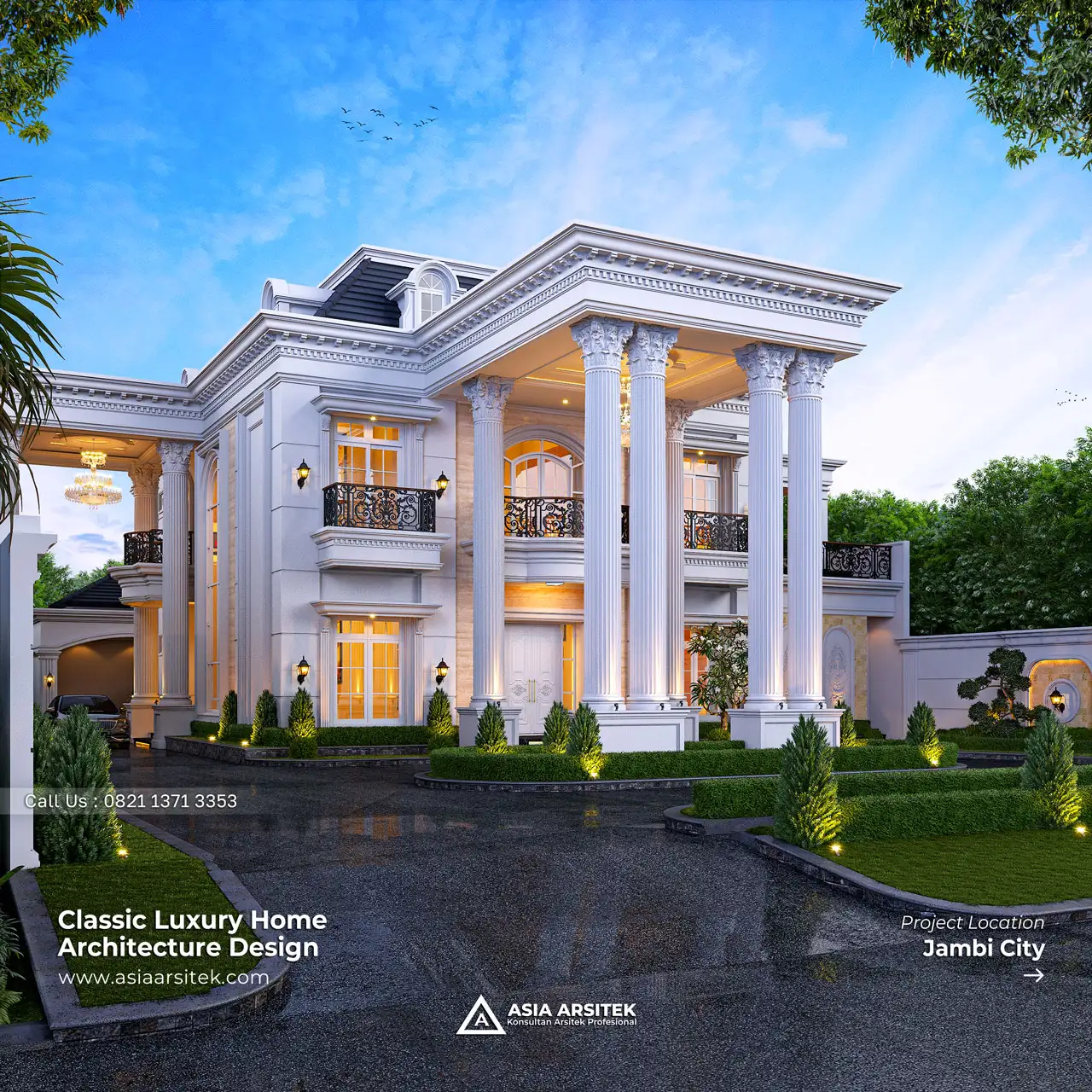 Fasad Utama Desain Rumah Klasik Mewah 2 Lantai di Jambi