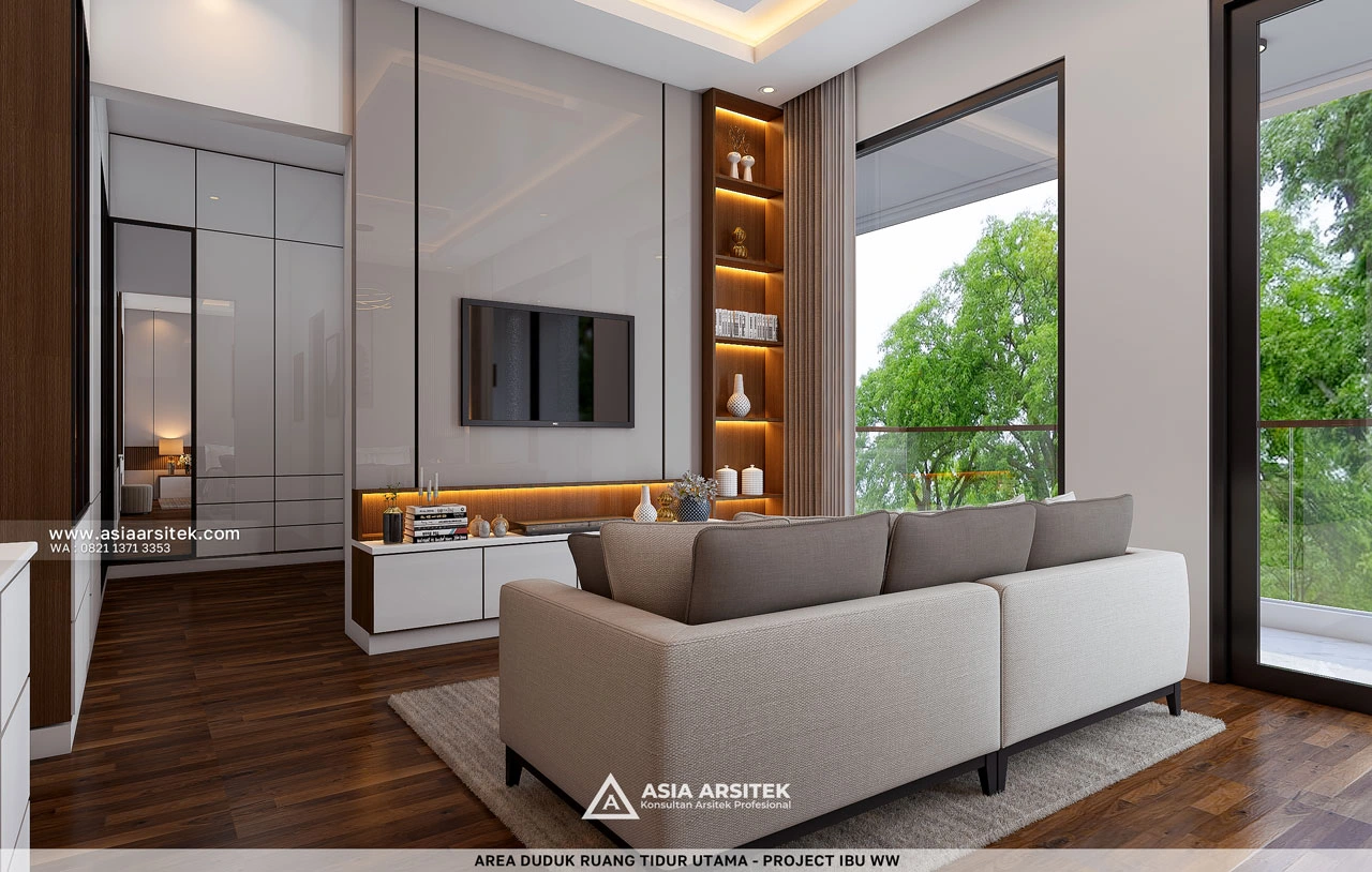 Desain Area Duduk Ruang Tidur Utama Rumah Modern 2 Lantai Ibu WW Surabaya Jawa Timur