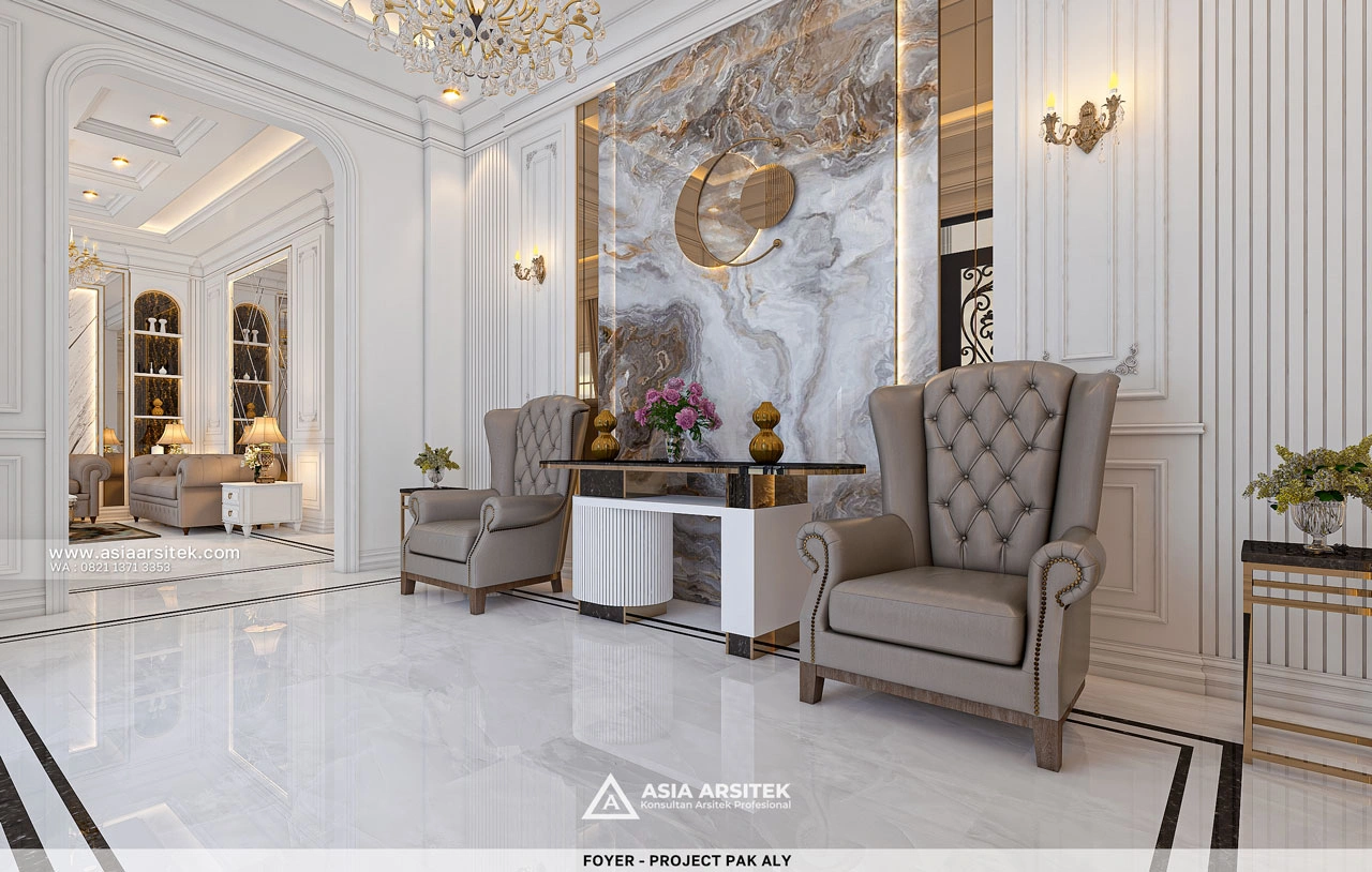 Desain Area Foyer Rumah Klasik 4 Lantai Bapak ALY di Kelapa Gading Jakarta Utara