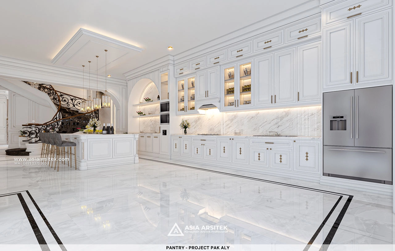 Desain Area Pantry Rumah Klasik 4 Lantai Bapak ALY di Kelapa Gading Jakarta Utara