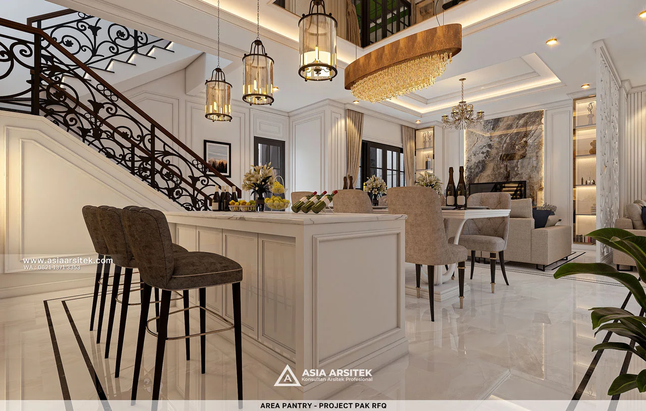 Desain Area Pantry Rumah Mediterania 3 Lantai Bapak RFQ di Jatimelati Bekasi