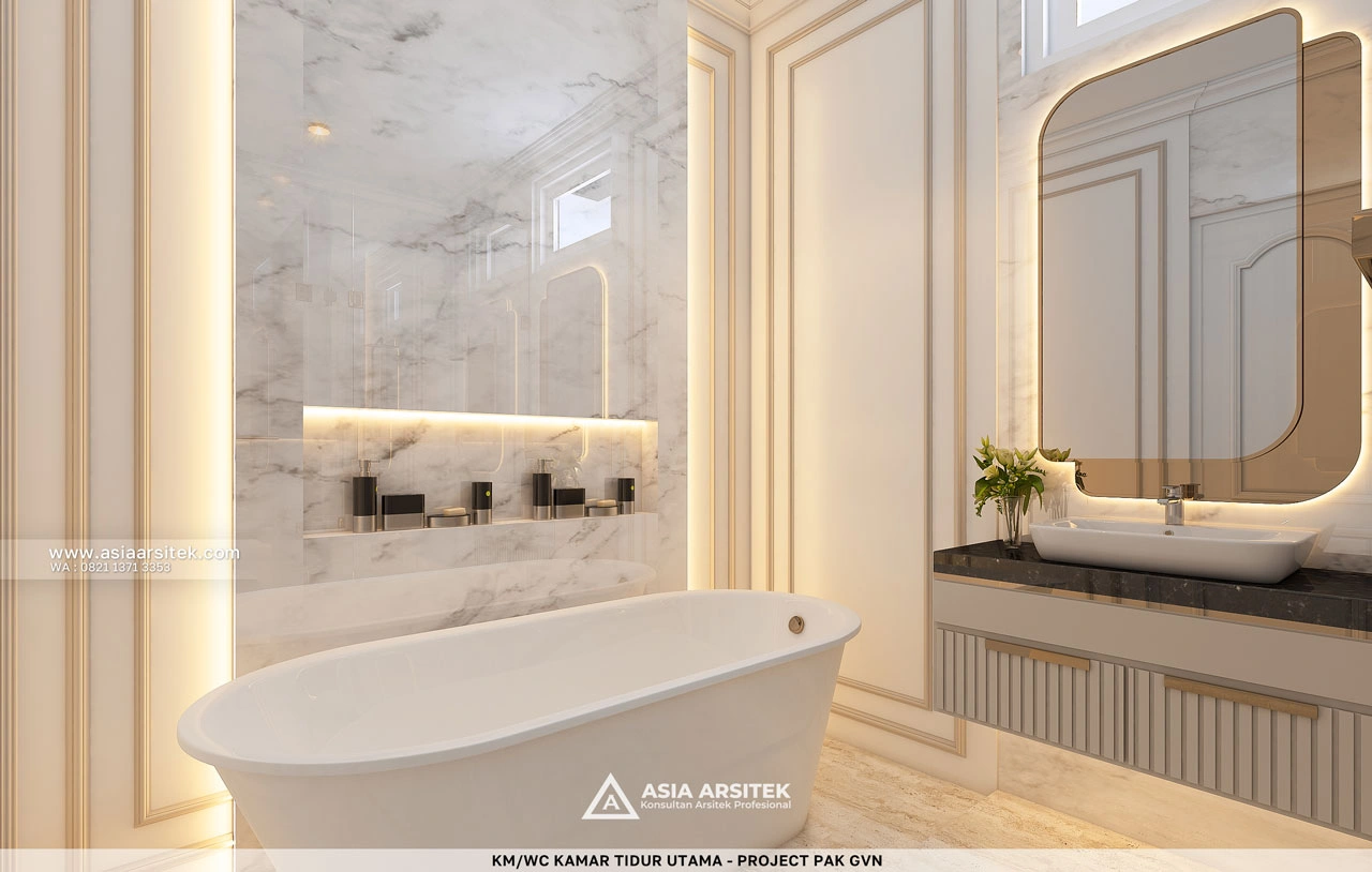 Desain Bathtub Kamar Tidur Utama Mewah Rumah Klasik 2 Lantai Bapak GVN di Kelapa Dua Tangerang