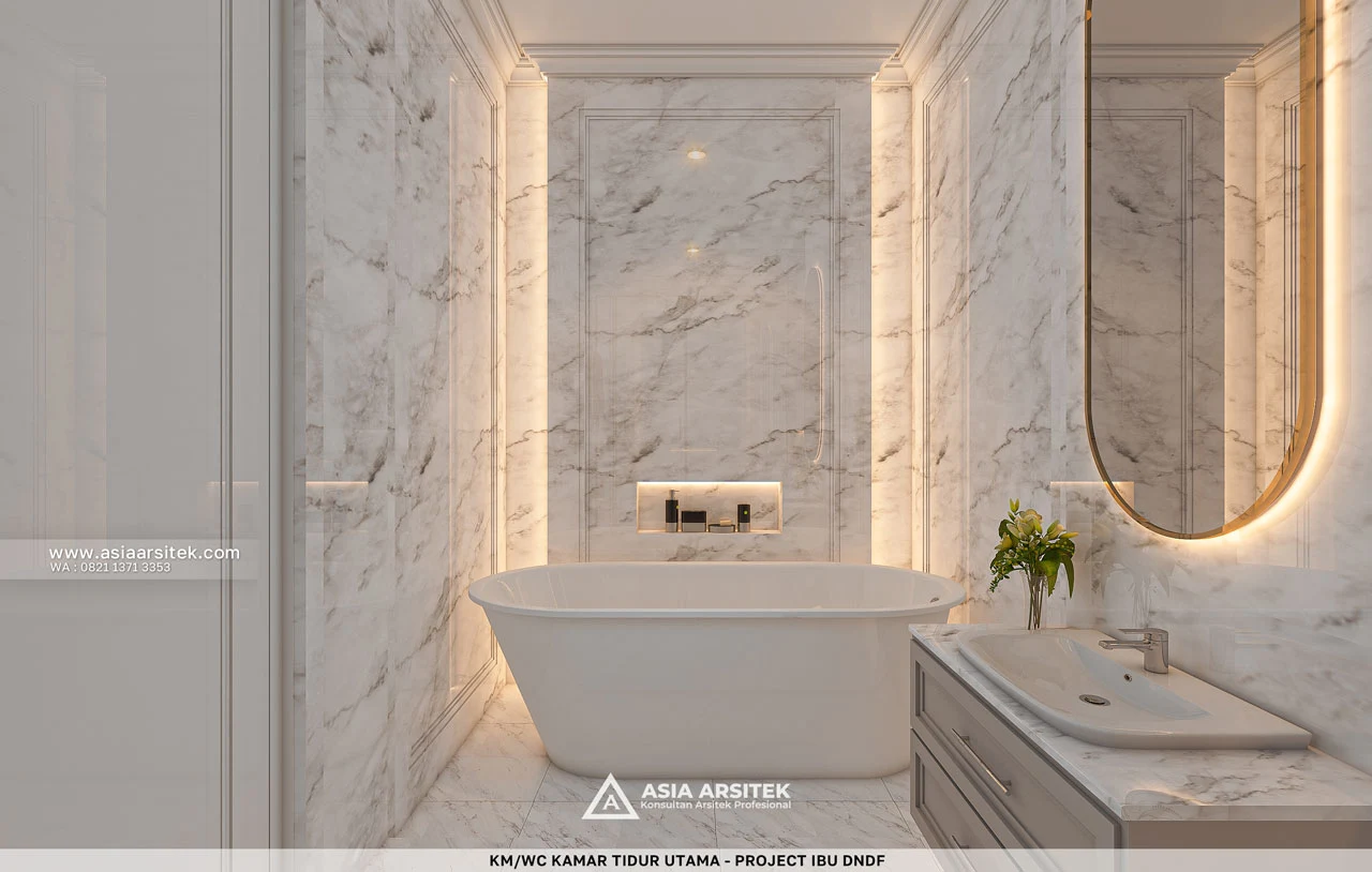 Desain Bathtub Kamar Tidur Utama Rumah Klasik 2 Lantai Ibu DNDF di Bengkulu