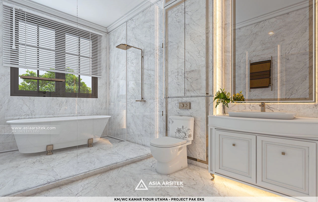 Desain Bathtub Mewah Kamar Tidur Utama Rumah Klasik 3 Lantai Bapak EKS di Kelapa Dua Tangerang