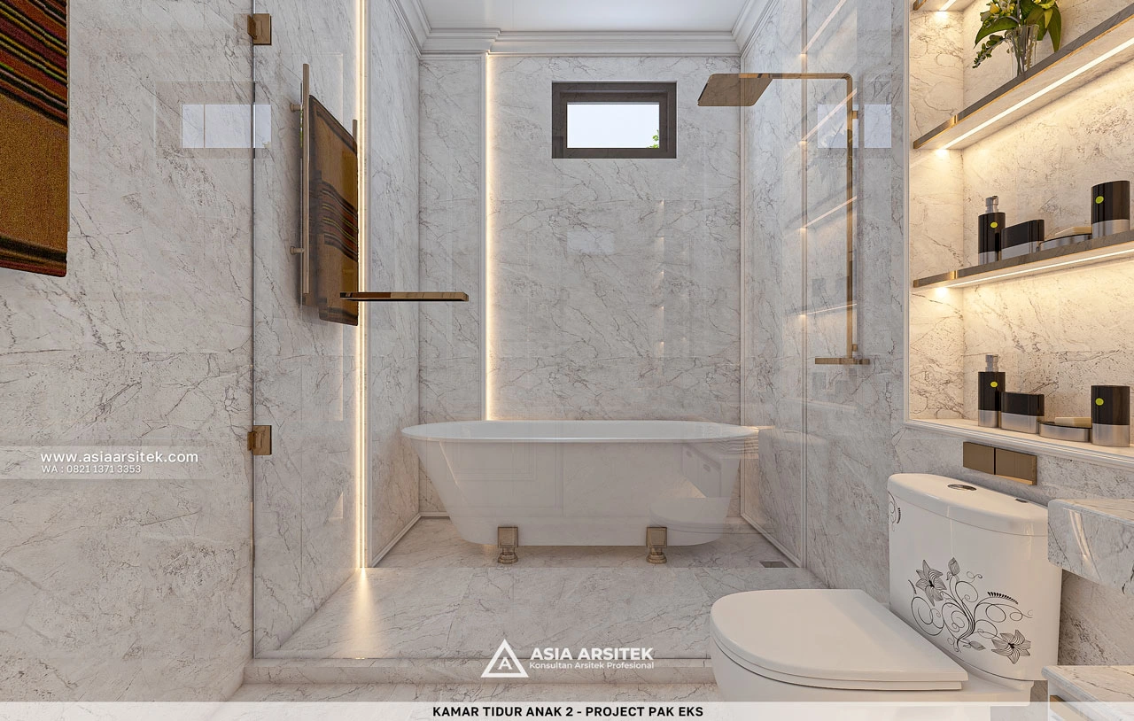Desain Bathtub dan Toilet Kamar Tidur Anak 2 Rumah Klasik 3 Lantai Bapak EKS di Kelapa Dua Tangerang