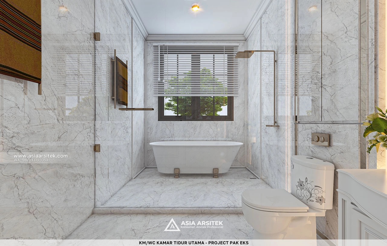 Desain Bathtub dan Toilet Kamar Tidur Utama Rumah Klasik 3 Lantai Bapak EKS di Kelapa Dua Tangerang