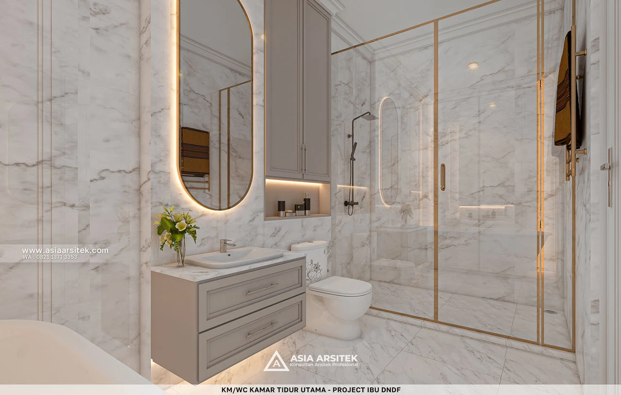 Desain Bathtub dan Toilet Kamar Tidur Utama Rumah Klasik 2 Lantai Ibu DNDF di Bengkulu