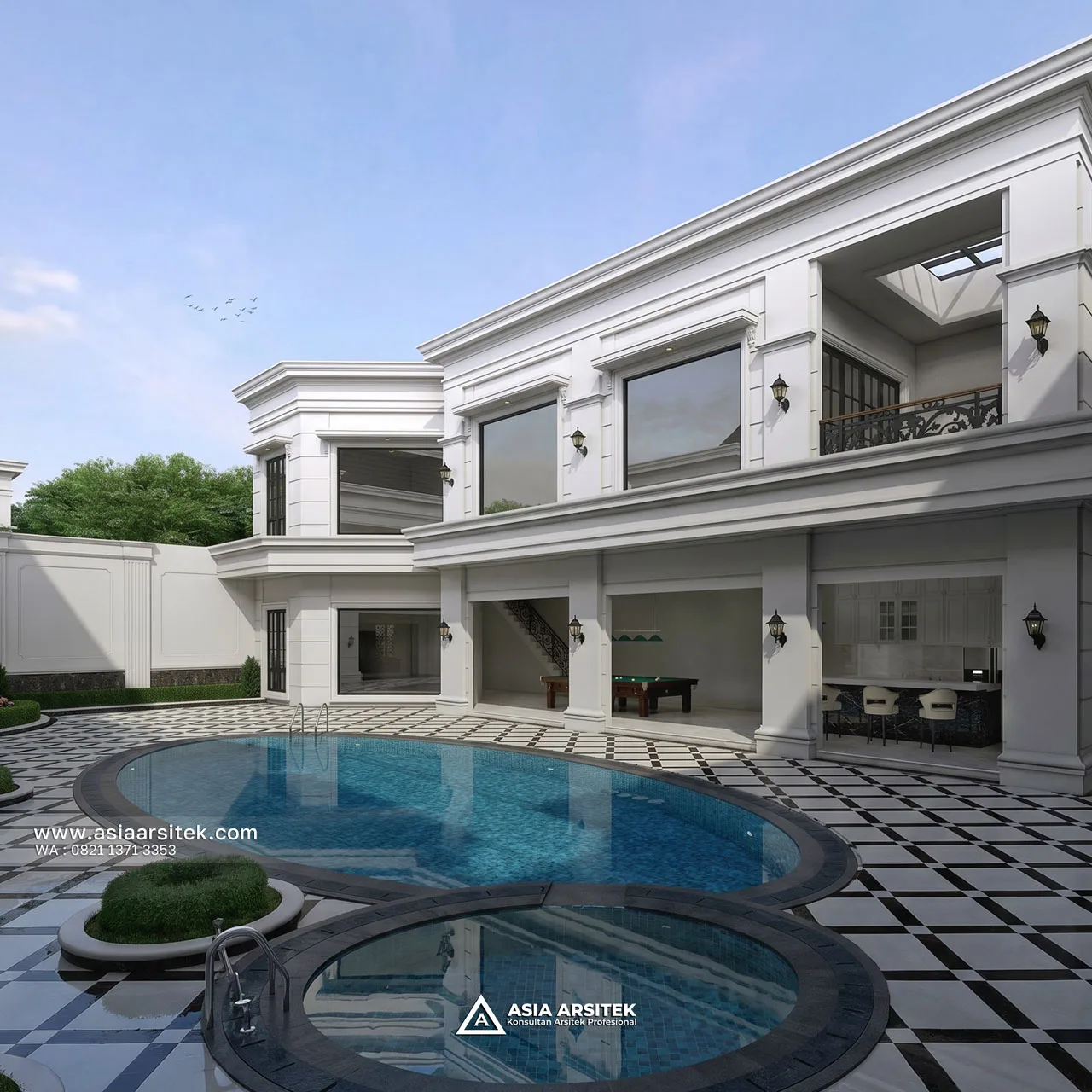 Desain Belakang Dengan Kolam Rumah Klasik 2 Lantai Bapak HMD di BSD Tangerang Selatan