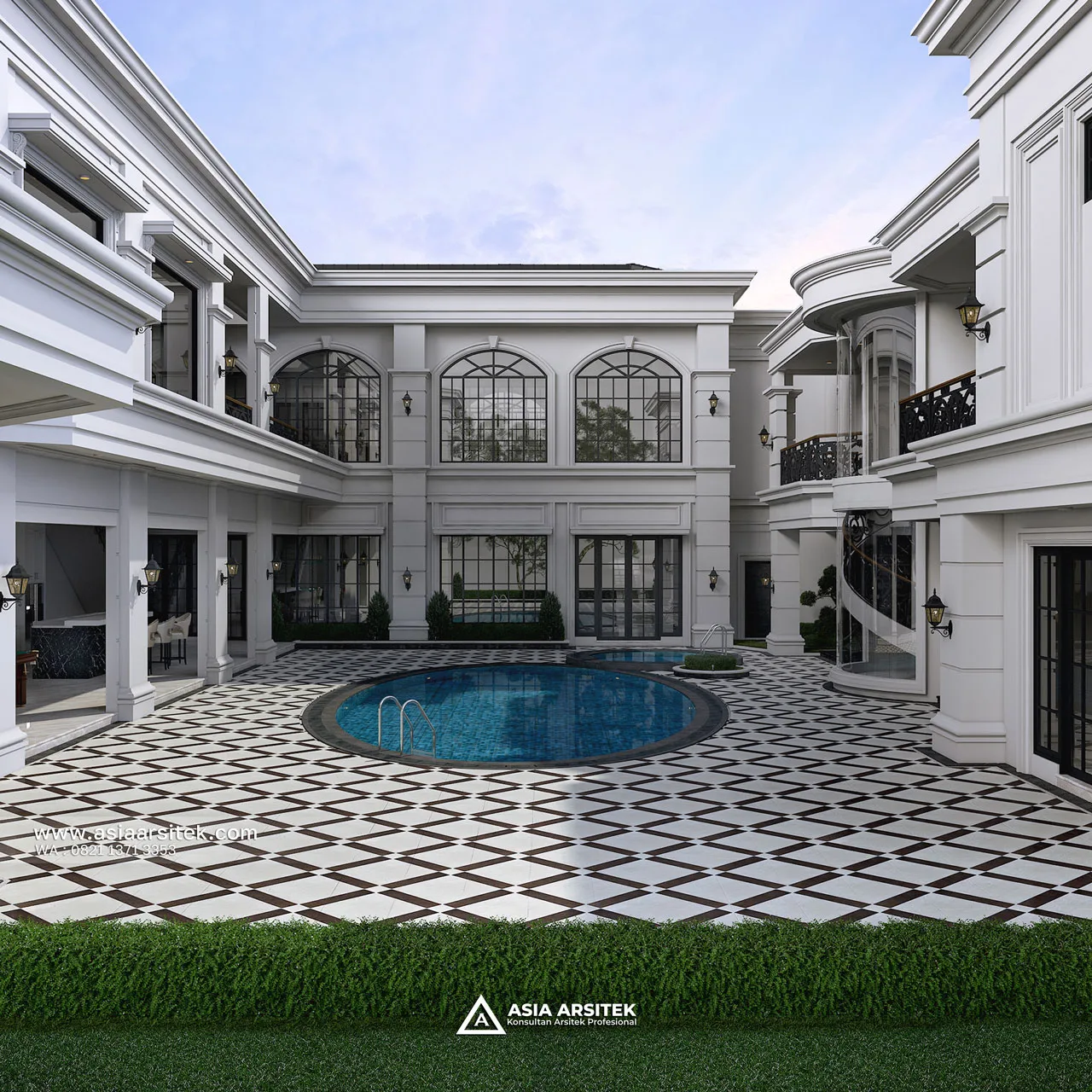 Desain Belakang Kolam Renang Rumah Klasik 2 Lantai Bapak HMD di BSD Tangerang Selatan
