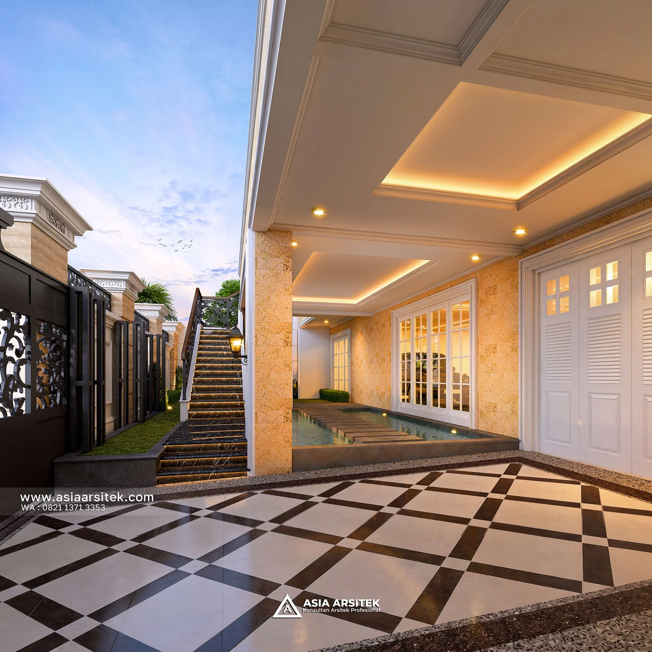 Desain Carport Rumah Klasik 4 Lantai Bapak ALY di Kelapa Gading Jakarta Utara