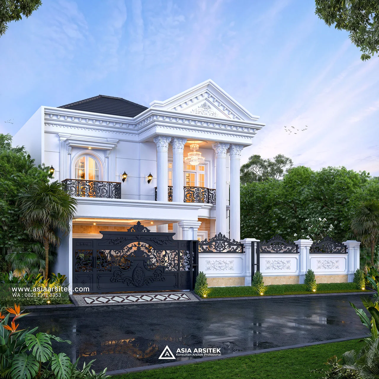 Desain Fasad Depan Elegan Rumah Klasik 2 Lantai Bapak GVN di Kelapa Dua Tangerang