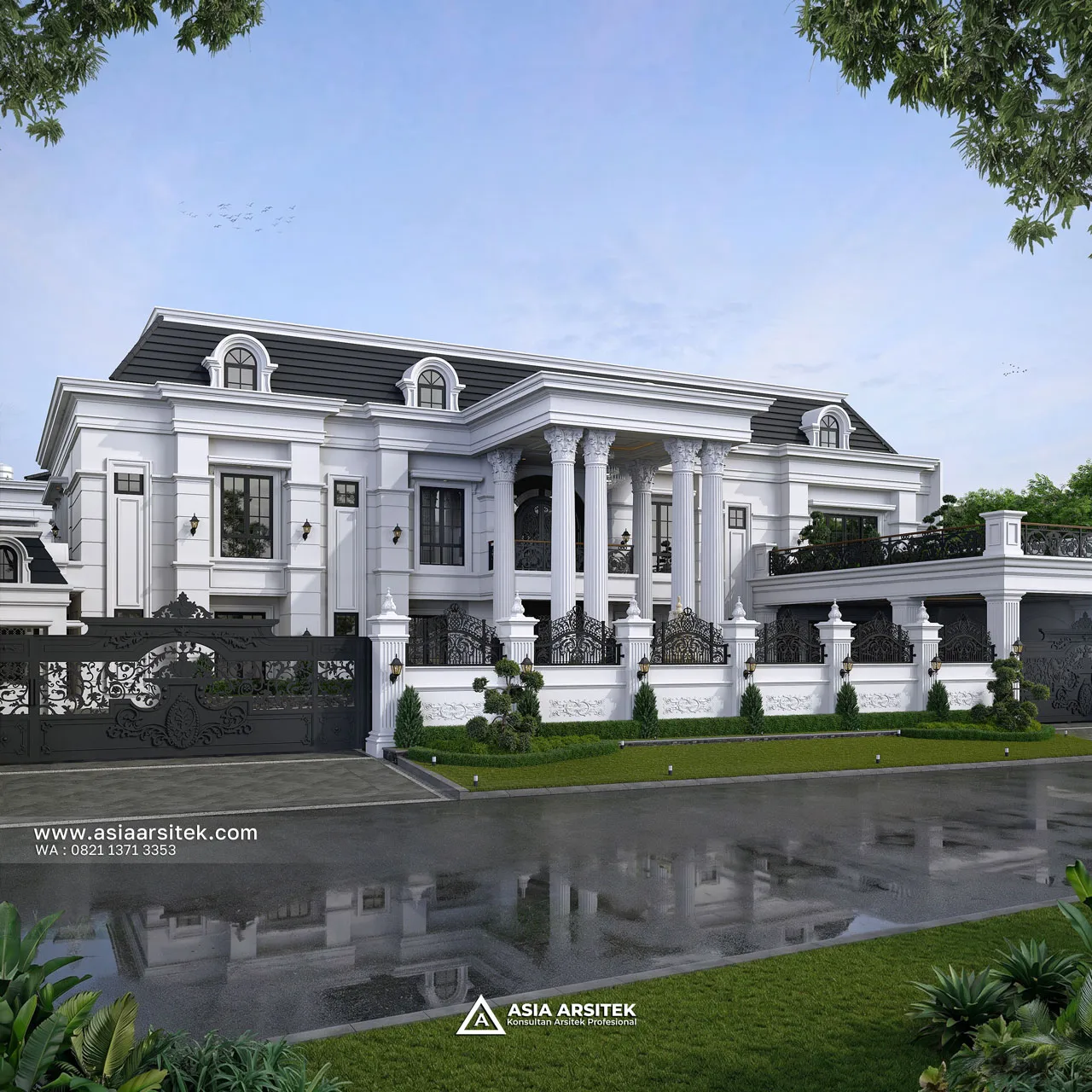 Desain Fasad Depan Mewah Rumah Klasik 2 Lantai Bapak HMD di BSD Tangerang Selatan