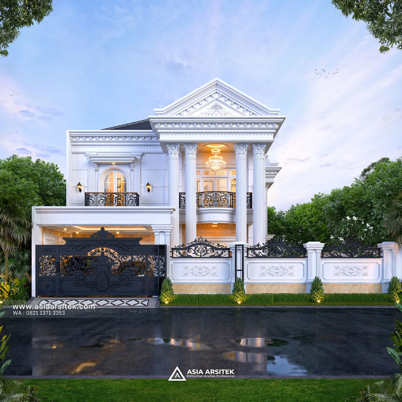 Desain Fasad Depan Pagar Rumah Klasik 2 Lantai Bapak GVN di Kelapa Dua Tangerang