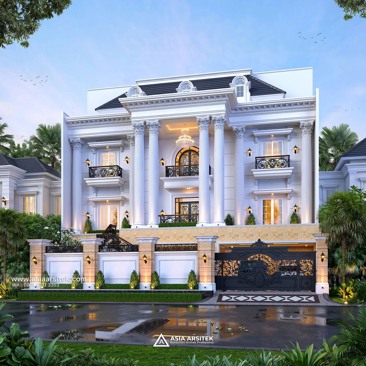 Desain Fasad Depan Pagar Rumah Klasik 4 Lantai Bapak ALY di Kelapa Gading Jakarta Utara
