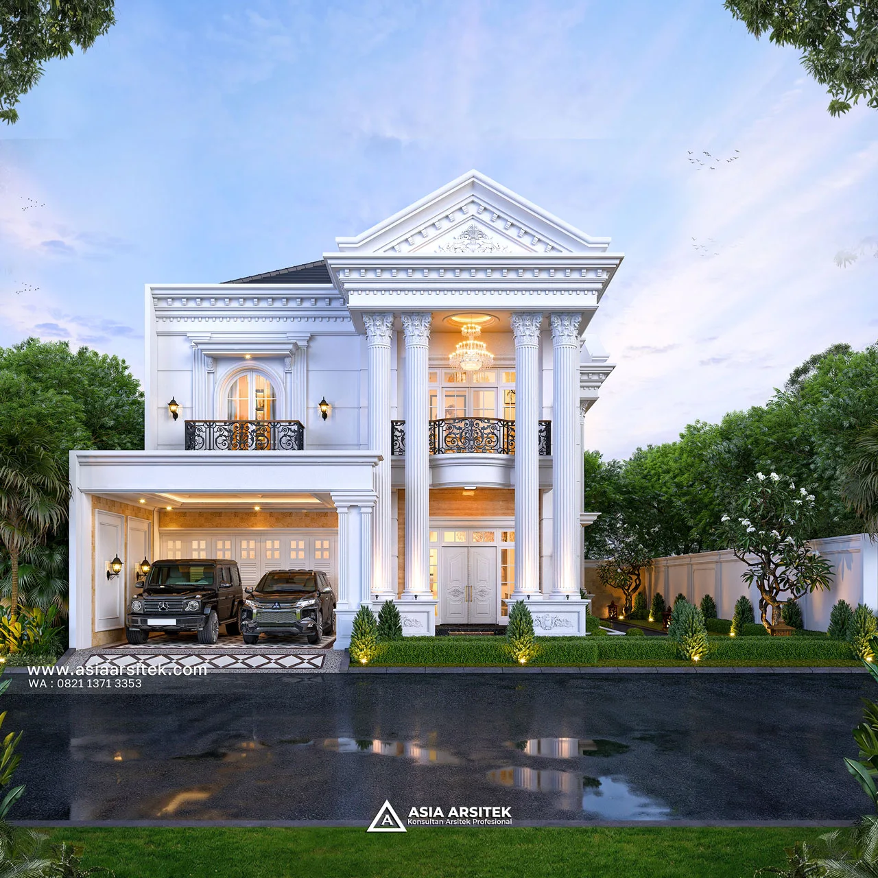 Desain Fasad Depan Rumah Klasik 2 Lantai Bapak GVN di Kelapa Dua Tangerang