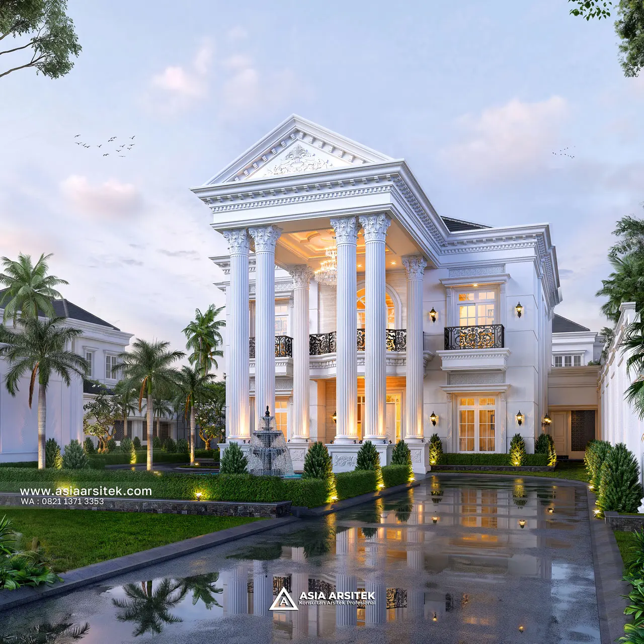 Desain Fasad Depan Rumah Klasik 2 Lantai Ibu DNDF di Bengkulu