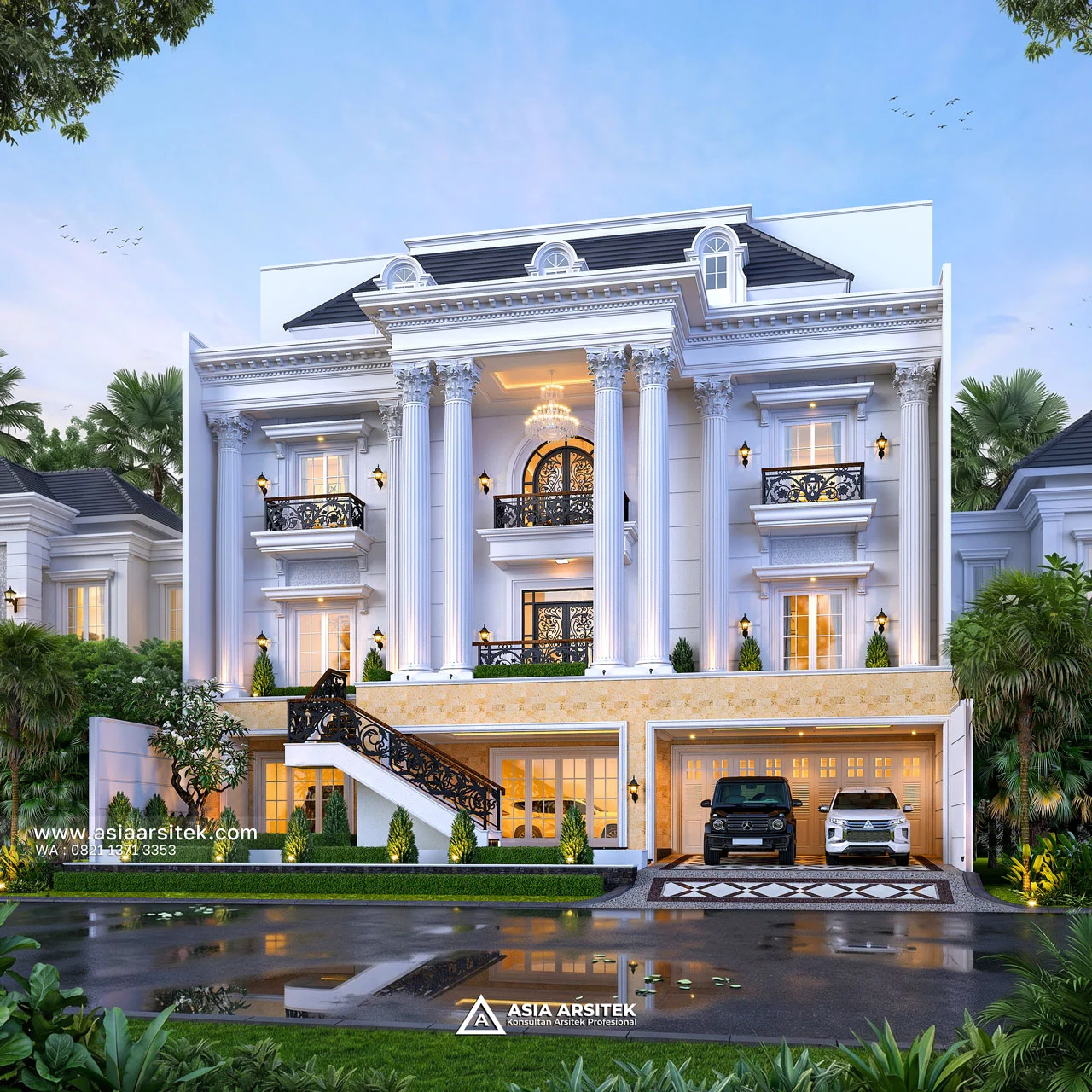 Desain Fasad Depan Rumah Klasik 4 Lantai Bapak ALY di Kelapa Gading Jakarta Utara