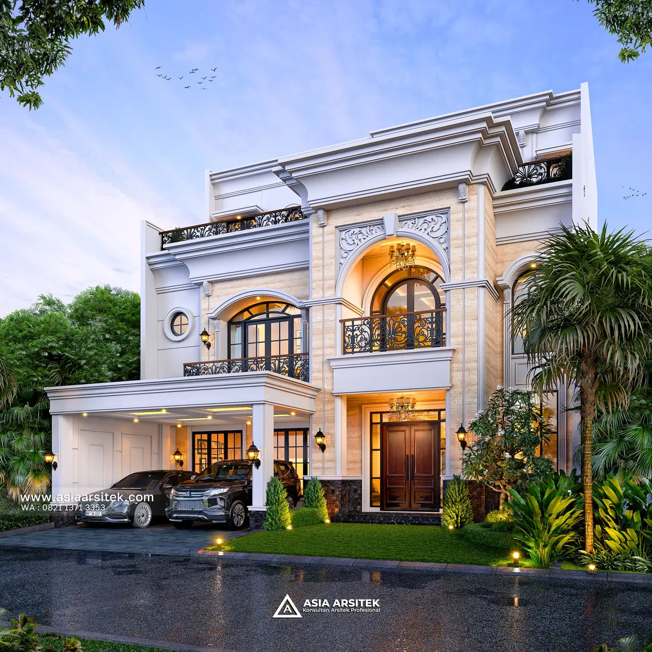 Desain Fasad Depan Rumah Tropis 3 Lantai Bapak AND di Modernland Tangerang