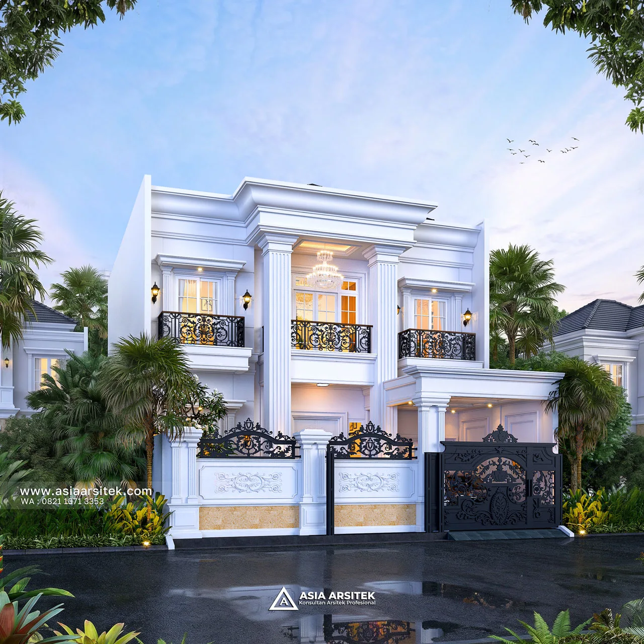 Desain Fasad Depan Samping Pagar Rumah Klasik 2 Lantai Bapak AD di Kebon Jeruk Jakarta Barat