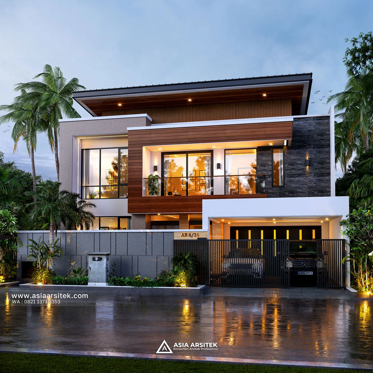 Desain Fasad Pagar Rumah Modern 2 Lantai Ibu WW di Surabaya Jawa Timur