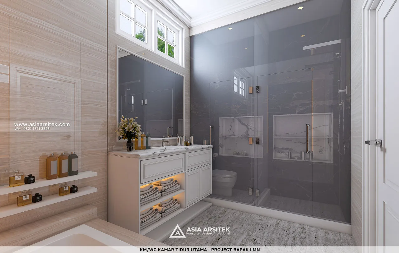 Desain KM WC 2 Kamar Tidur Utama Rumah Klasik 3 Lantai Bapak LMN di Sentul City Bogor