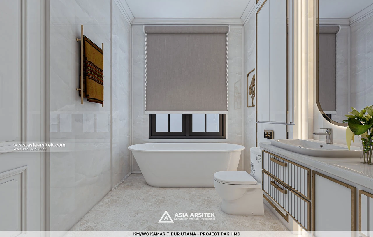 Desain KM WC Bathtub Kamar Tidur Utama Rumah Klasik 2 Lantai Bapak HMD di BSD Tangerang Selatan