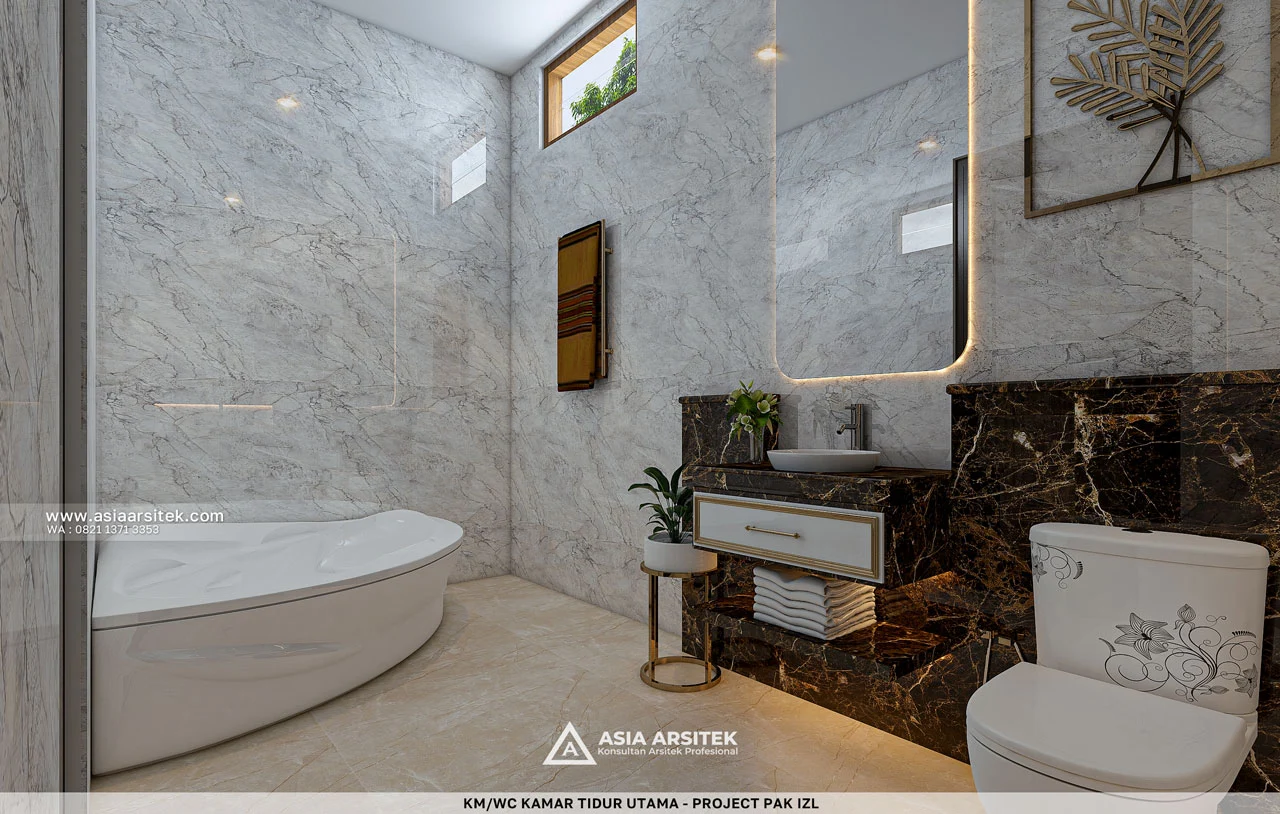 Desain KM WC Bathtub Kamar Tidur Utama Rumah Klasik 2 Lantai Bapak IZL di Jatiuwung Tangerang