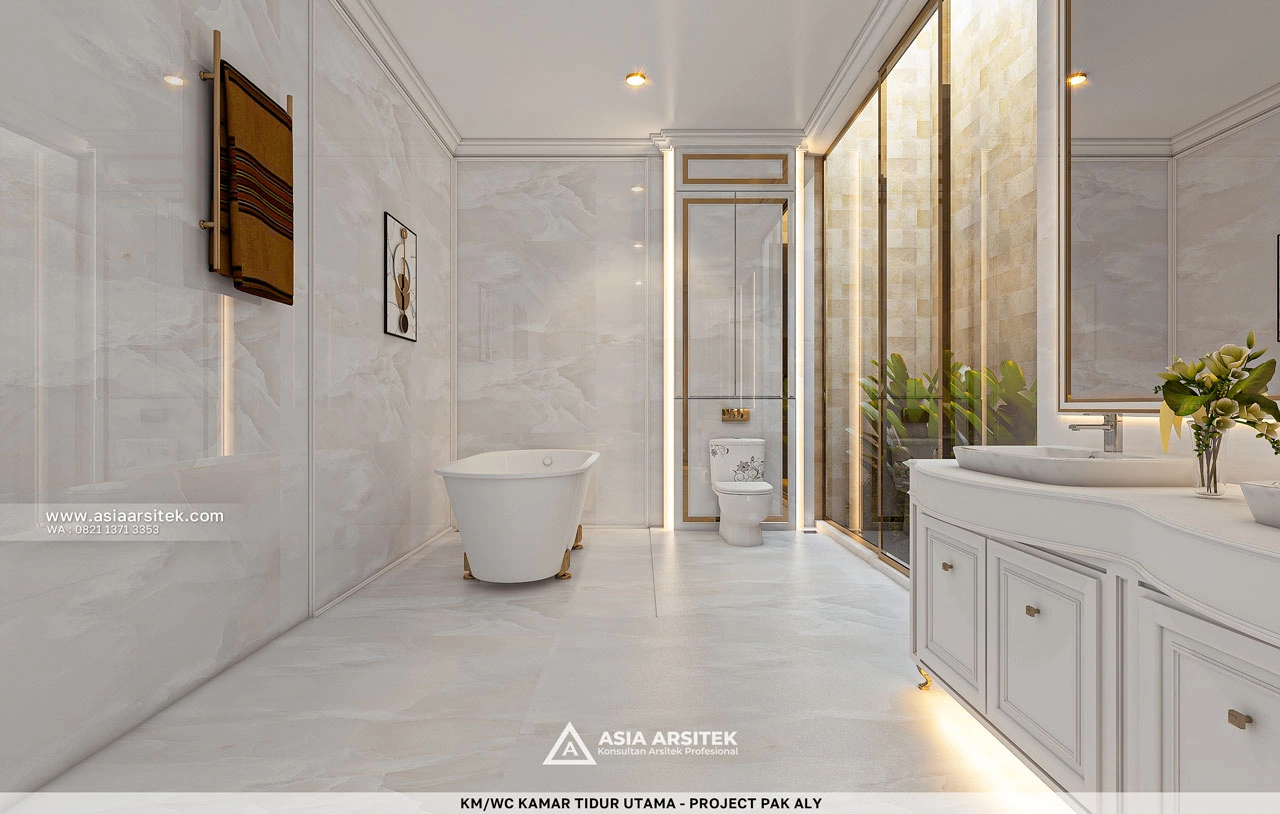 Desain KM WC Bathtub Kamar Tidur Utama Rumah Klasik 4 Lantai Bapak ALY di Kelapa Gading Jakarta Utara