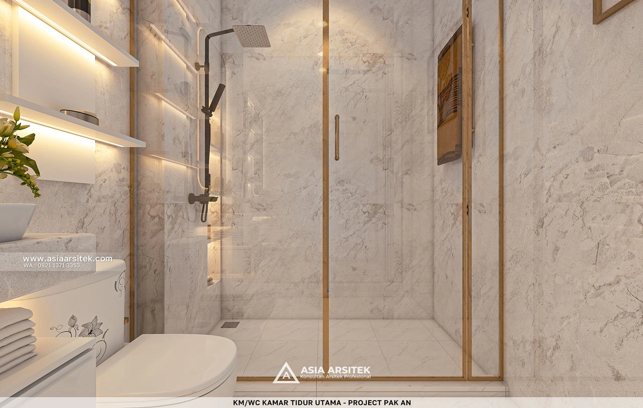 Desain KM WC Kamar Tidur Utama Rumah Klasik 1 Lantai Bapak AN di Ogan Ilir Sumatera Selatan