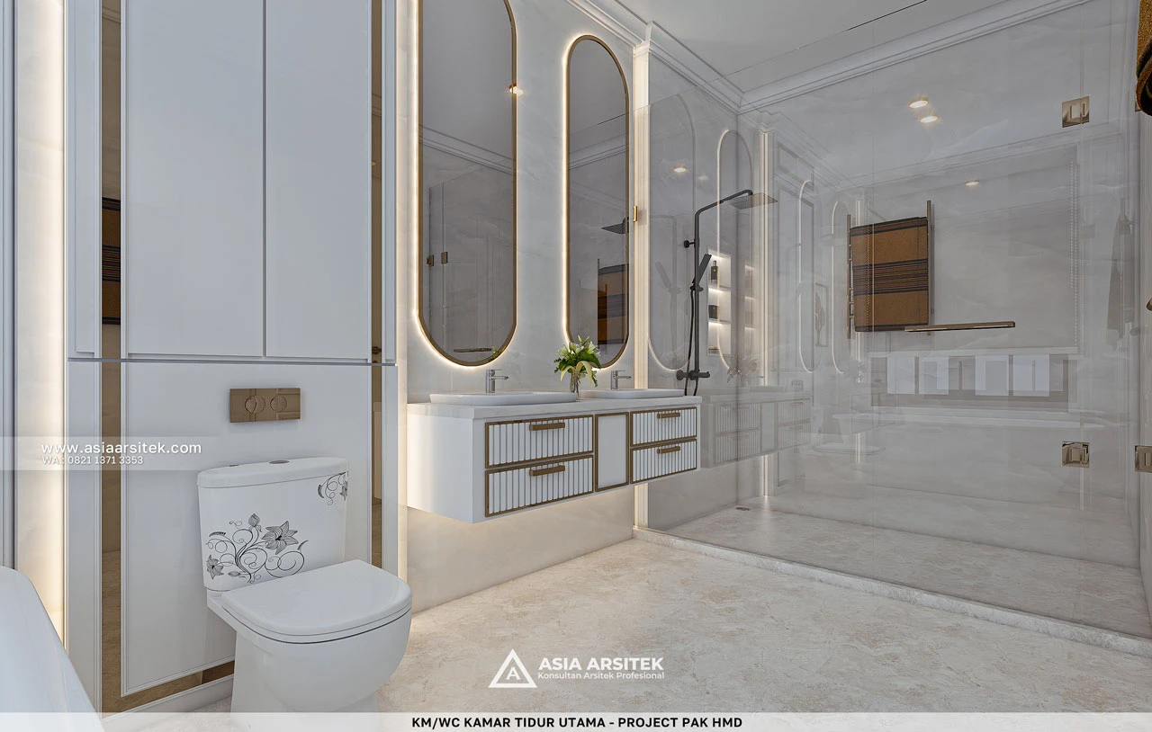 Desain KM WC Kamar Tidur Utama Rumah Klasik 2 Lantai Bapak HMD di BSD Tangerang Selatan