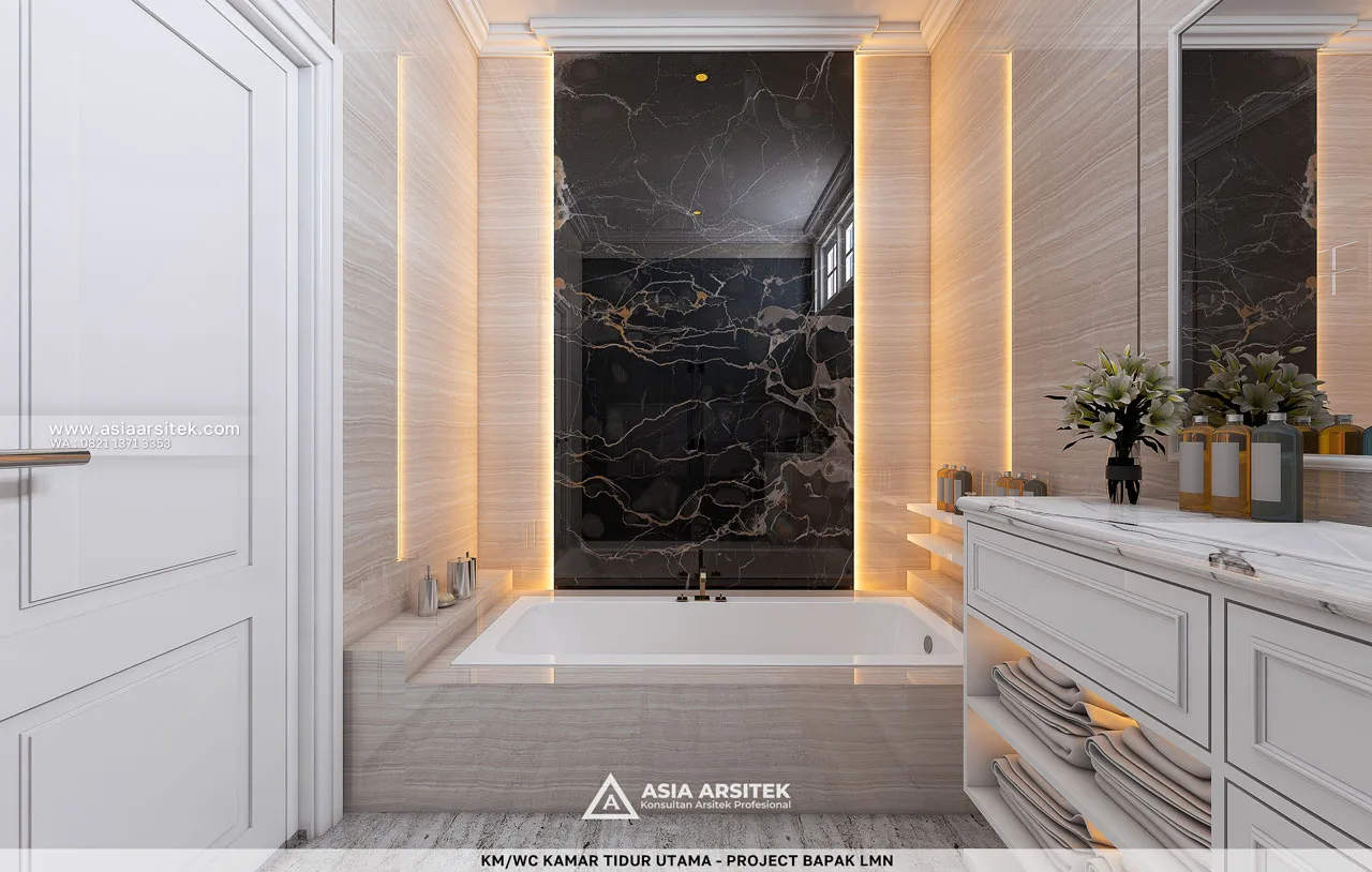 Desain KM WC Kamar Tidur Utama Rumah Klasik 3 Lantai Bapak LMN di Sentul City Bogor