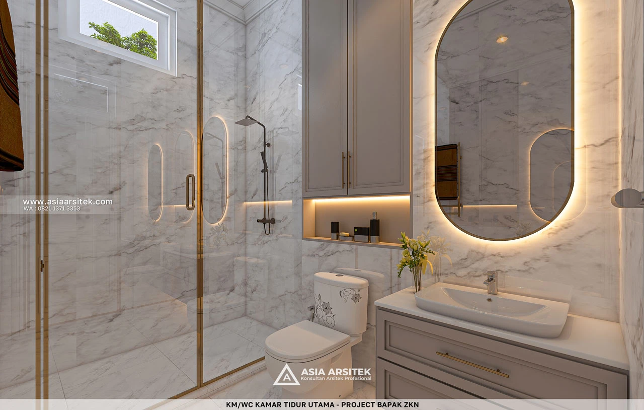 Desain KM WC Kamar Tidur Utama Rumah Klasik 3 Lantai Bapak ZKN di Cikupa Tangerang