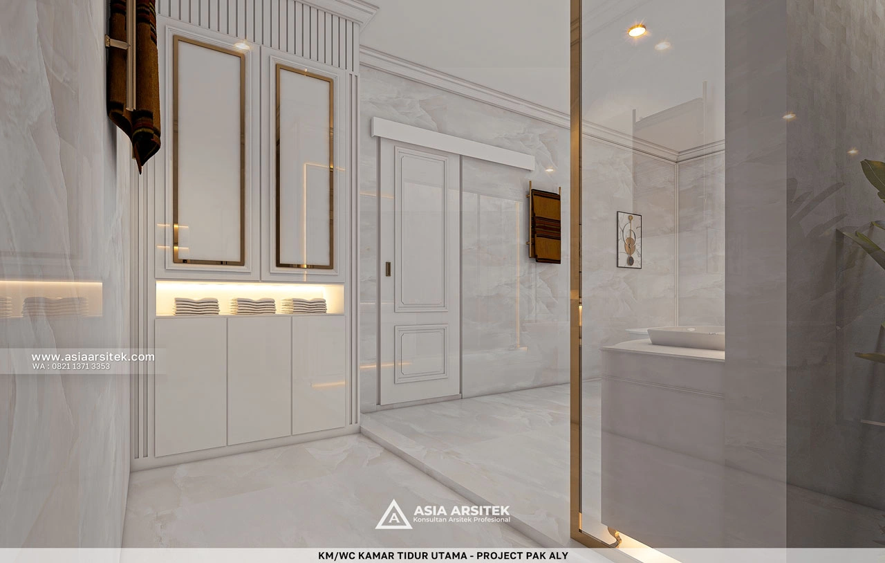 Desain KM WC Kamar Tidur Utama Rumah Klasik 4 Lantai Bapak ALY di Kelapa Gading Jakarta Utara