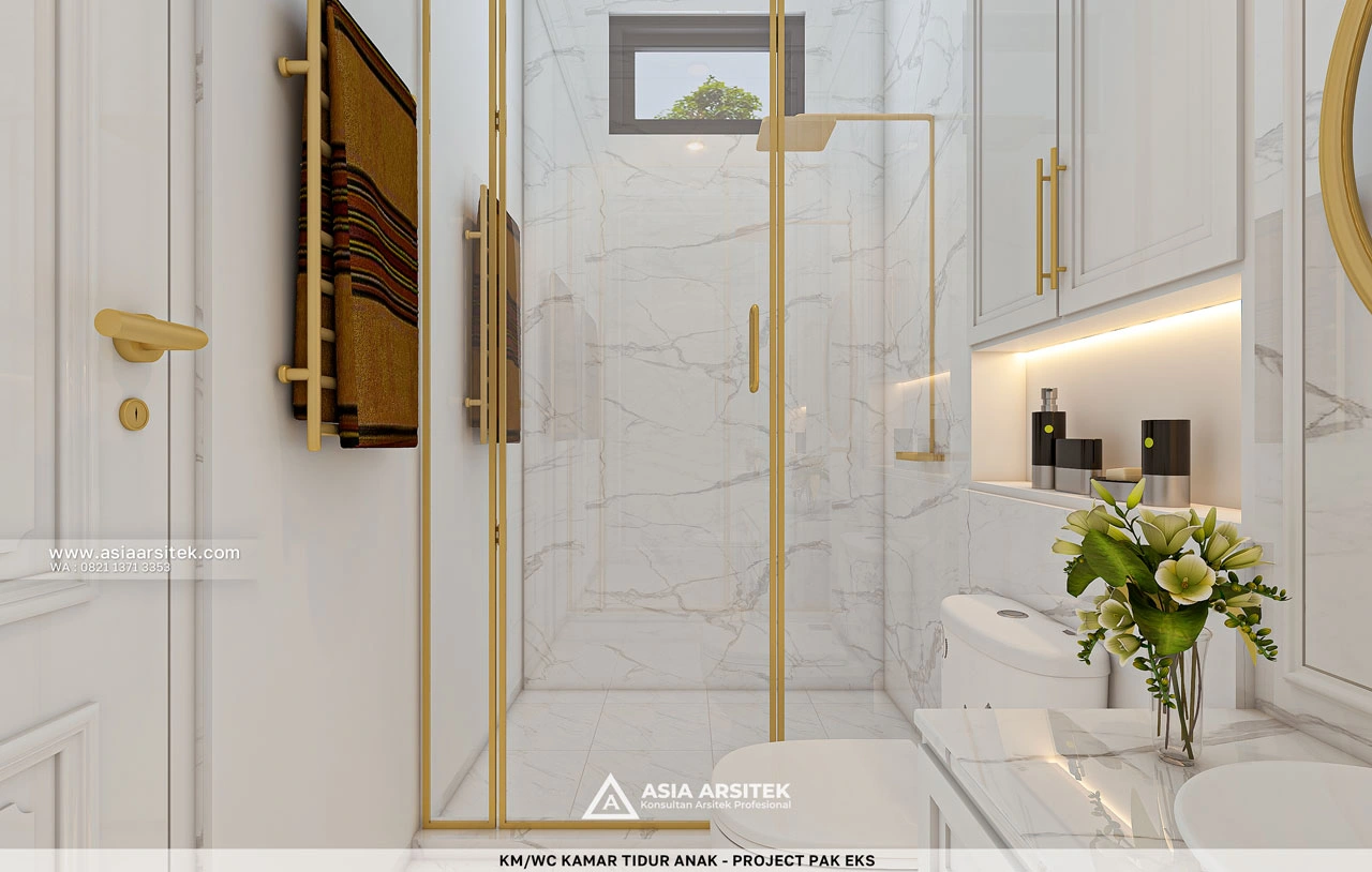 Desain KM WC Mewah Kamar Tidur Anak 1 Rumah Klasik 3 Lantai Bapak EKS di Kelapa Dua Tangerang