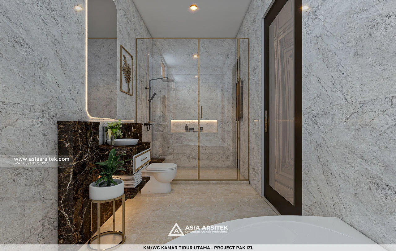 Desain KM WC Mewah Kamar Tidur Utama Rumah Klasik 2 Lantai Bapak IZL di Jatiuwung Tangerang