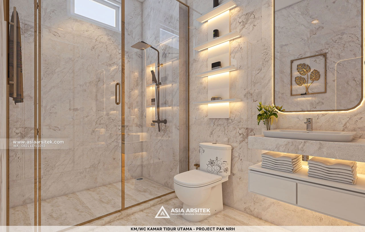 Desain Kamar Mandi Mewah Ruang Tidur Utama Rumah Klasik 1 Lantai Bapak NRH di Gambut Kalimantan Selatan