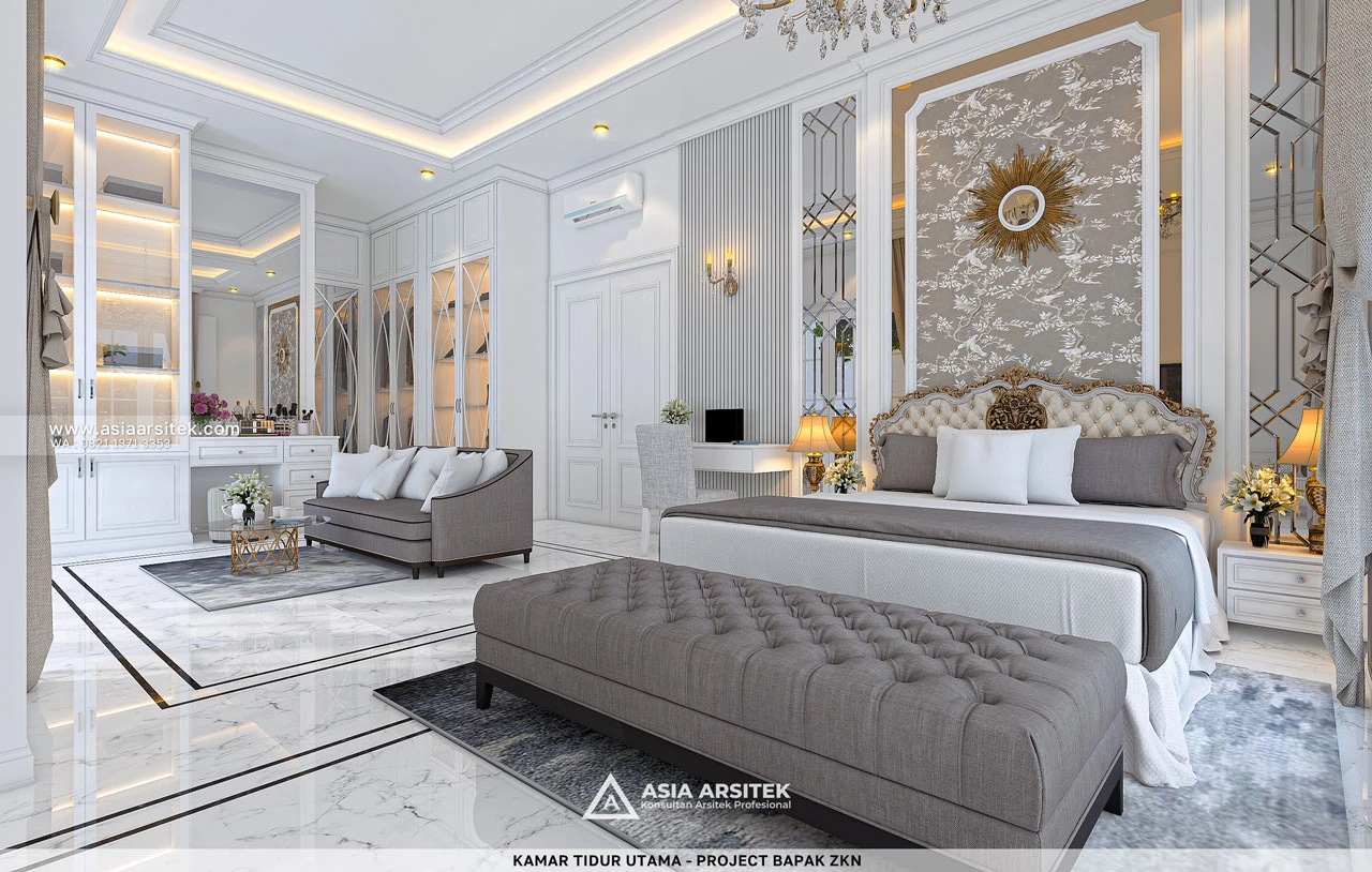 Desain Kamar Tidur Utama Elegan Dengan Area Duduk Rumah Klasik 3 Lantai Bapak ZKN di Cikupa Tangerang