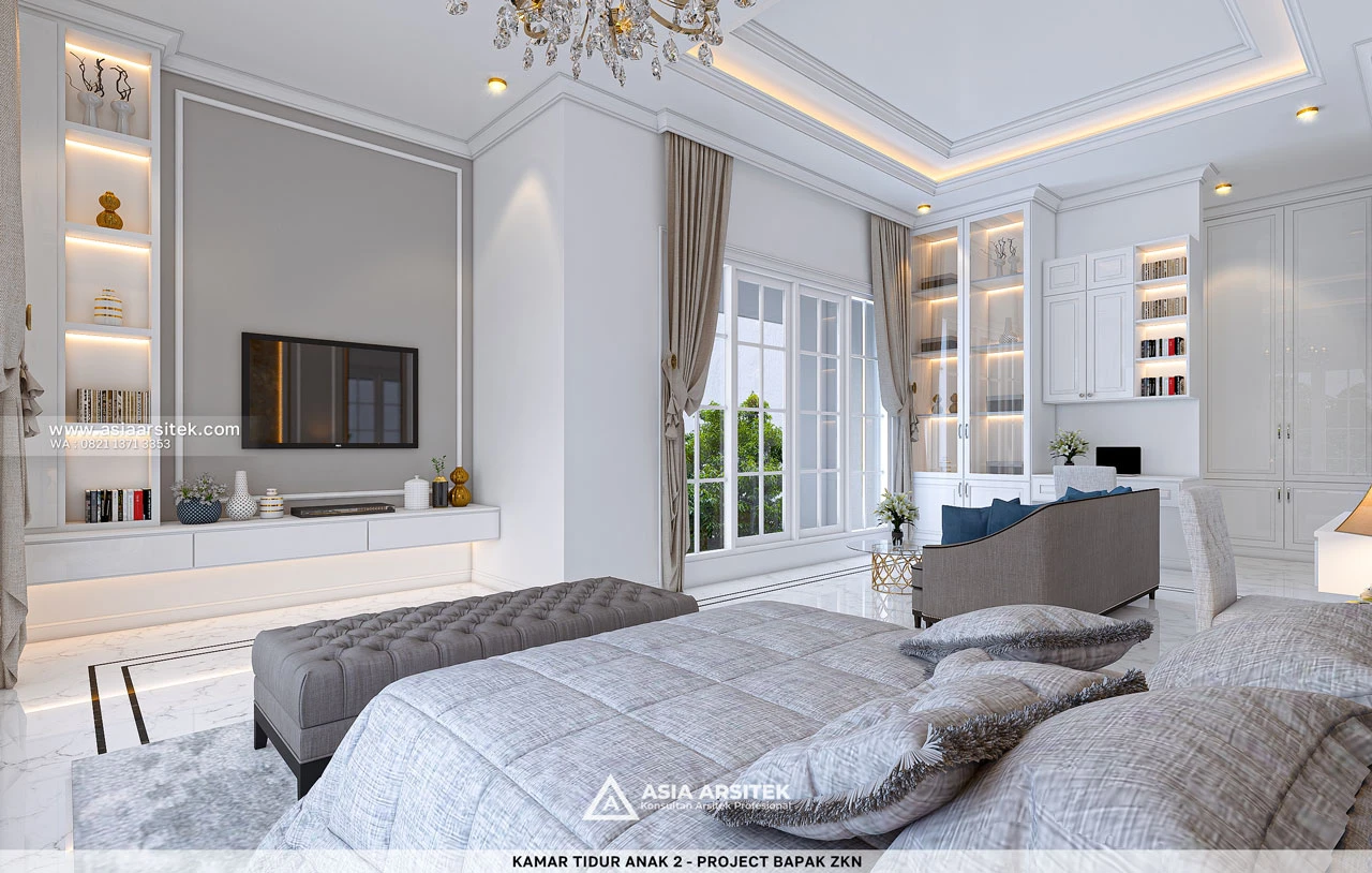 Desain Kamar Tidur Utama Elegan Dengan TV Rumah Klasik 3 Lantai Bapak ZKN di Cikupa Tangerang