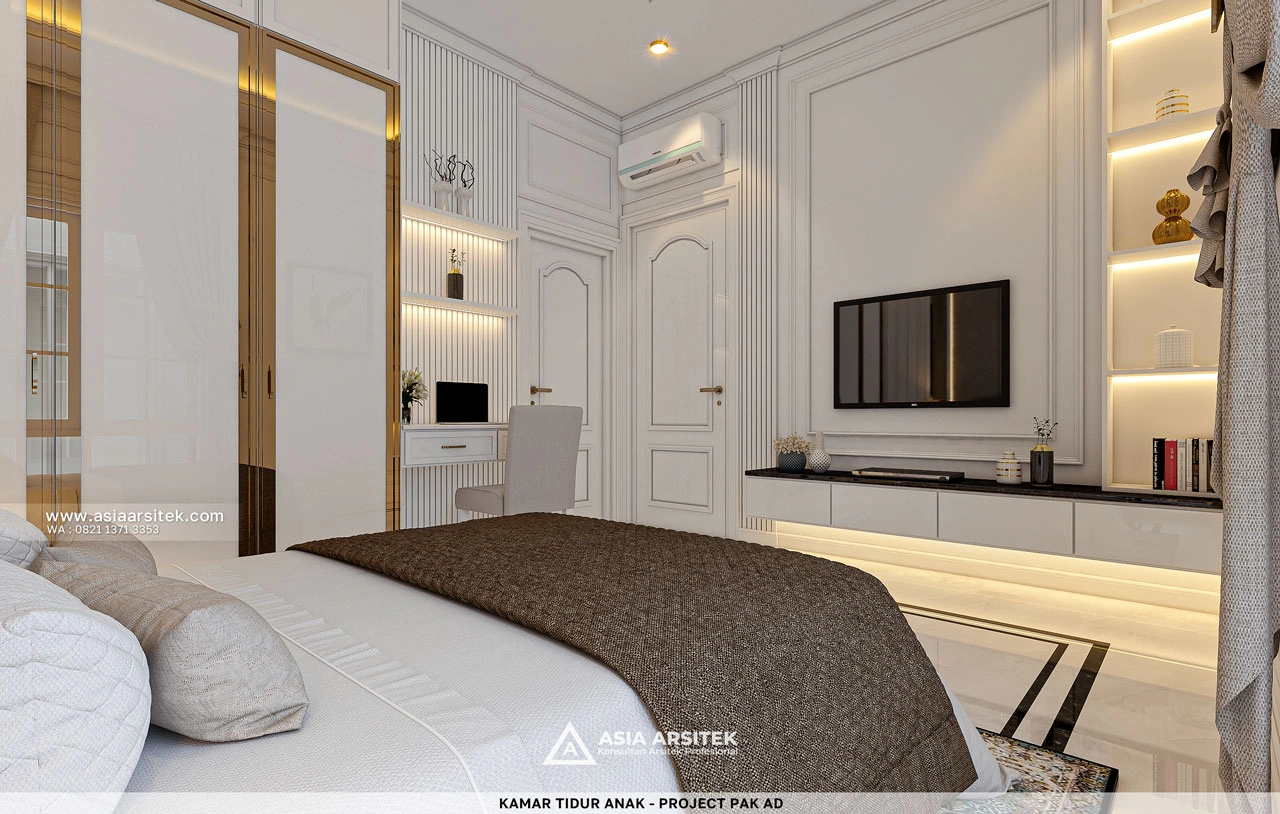 Desain Kamar Tidur Anak Dengan TV Rumah Klasik 2 Lantai Bapak AD di Kebon Jeruk Jakarta Barat