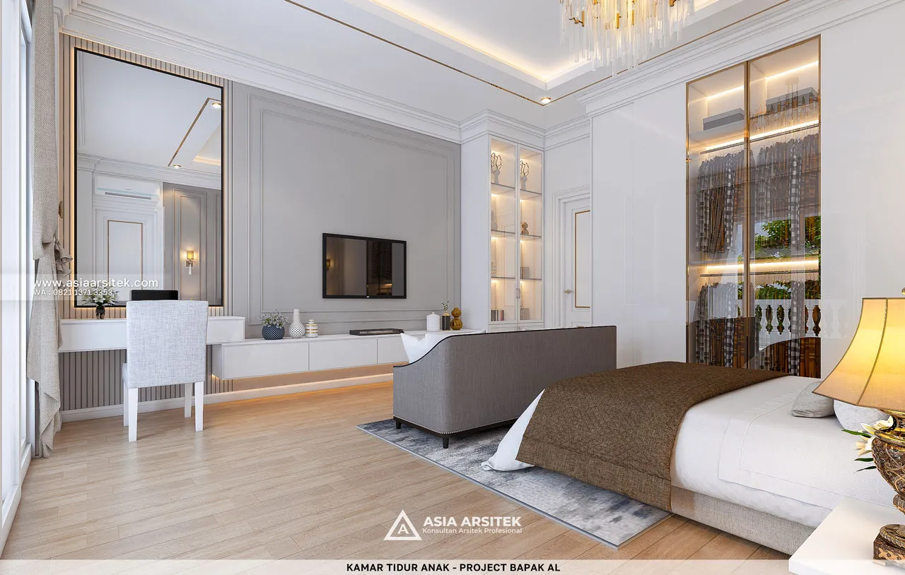 Desain Kamar Tidur Anak Dengan TV Rumah Klasik 2 Lantai Bapak AL di Bintaro Tangerang Selatan