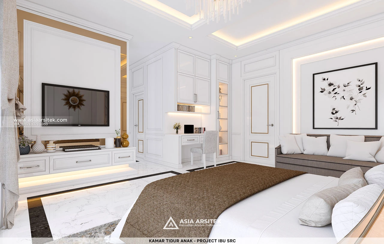Desain Kamar Tidur Anak Dengan TV Rumah Klasik 2 Lantai Ibu SRC di Cibubur Bekasi