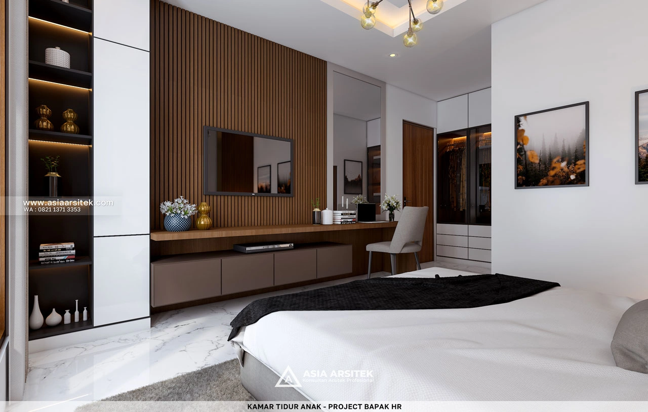 Desain Kamar Tidur Anak Dengan TV Rumah Tropis 1 Lantai Bapak HR Duren Sawit Jakarta Timur
