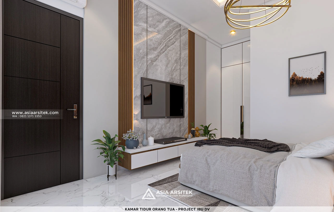 Desain Kamar Tidur Orang Tua Dengan TV Rumah Minimalis 2 Lantai Ibu DV Duren Sawit Jakarta Timur