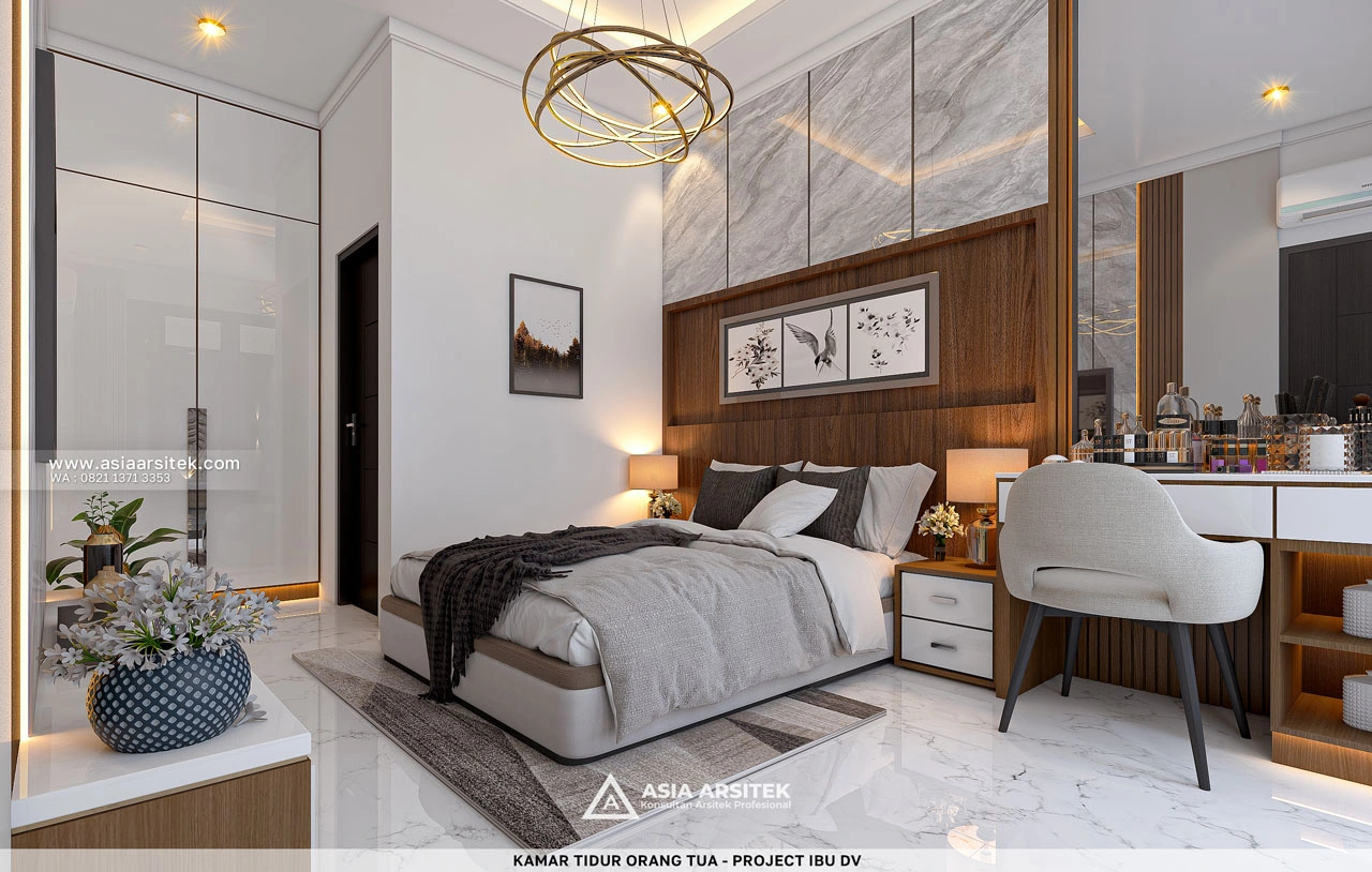 Desain Kamar Tidur Orang Tua Elegan Rumah Minimalis 2 Lantai Ibu DV Duren Sawit Jakarta Timur