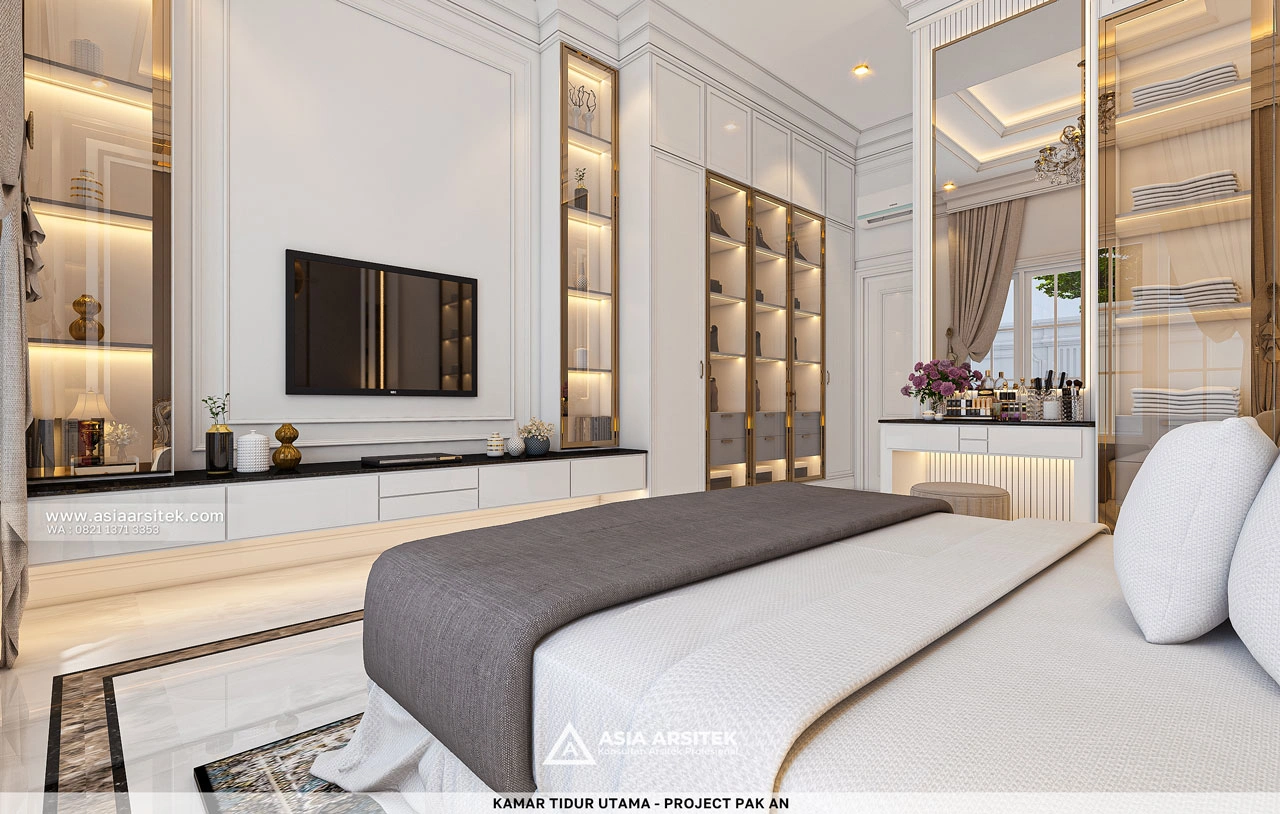 Desain Kamar Tidur Utama Dengan TV Rumah Klasik 1 Lantai Bapak AN di Ogan Ilir Sumatera Selatan